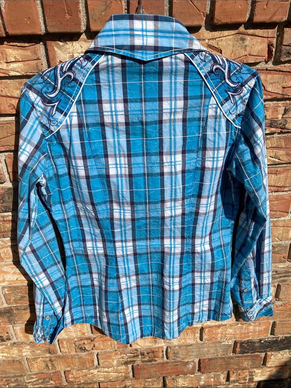 Panhandle Slim Teal and White Plaid Western Snap Shirt S - Picture 3 of 7